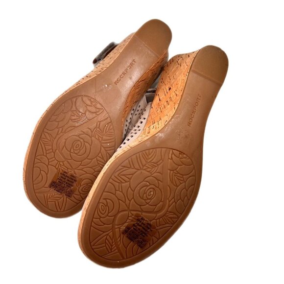 Rockport Womens Tan Taupe Perforated Leather Peep Toe Cork Wedge Shoes Sz 8.5 - Picture 3 of 12